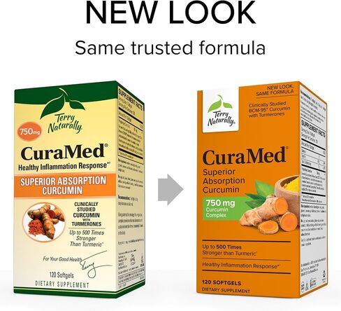 Terry Naturally CuraMed 750 مجم مركب الكركمين - 120 كبسولة هلامية، عبوة من 2 - امتصاص فائق BCM-95 - غير معدّل وراثيًا، خالي من الغلوتين، حلال - 240 وجبة إجمالية in Kuwait