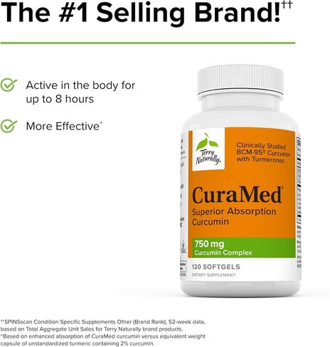 Terry Naturally CuraMed 750 مجم مركب الكركمين - 120 كبسولة هلامية، عبوة من 2 - امتصاص فائق BCM-95 - غير معدّل وراثيًا، خالي من الغلوتين، حلال - 240 وجبة إجمالية in Kuwait