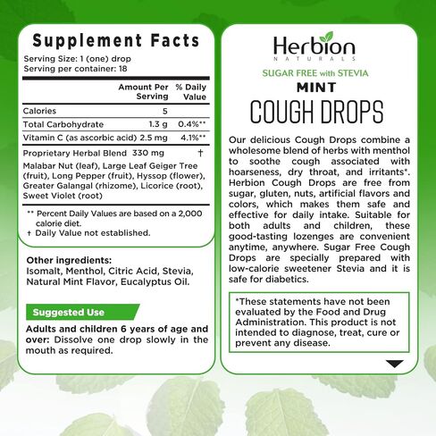 Herbion Naturals Sugar Free Cough Drops 108 Counts Mint Flavor (Pack of 6, 18 Counts per Pack) in Saudi Arabia