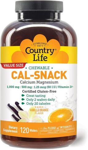 Country Life Cal-Snack، كالسيوم قابل للمضغ، مغنيسيوم مع فيتامين د، 1000 مجم/500 مجم/50 وحدة دولية، خالي من منتجات الألبان، نكهة الفانيليا والبرتقال، 120 رقاقة، خالي من الغلوتين، نباتي معتمد in Kuwait