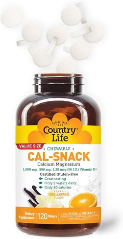 Country Life Cal-Snack، كالسيوم قابل للمضغ، مغنيسيوم مع فيتامين د، 1000 مجم/500 مجم/50 وحدة دولية، خالي من منتجات الألبان، نكهة الفانيليا والبرتقال، 120 رقاقة، خالي من الغلوتين، نباتي معتمد in Kuwait