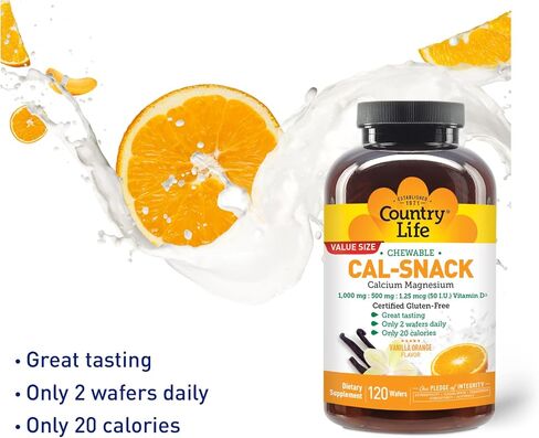 Country Life Cal-Snack، كالسيوم قابل للمضغ، مغنيسيوم مع فيتامين د، 1000 مجم/500 مجم/50 وحدة دولية، خالي من منتجات الألبان، نكهة الفانيليا والبرتقال، 120 رقاقة، خالي من الغلوتين، نباتي معتمد in Kuwait
