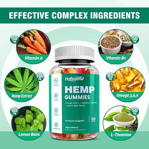 علكات النوم من القنب مع بلسم الليمون، إل-ثيانين، أوميجا 3 وفيتامينات، تعزيز نظام المناعة، نباتي، بكتين، غير معدل وراثيًا، نكهة الفواكه المختلطة، 60 قطعة in Kuwait