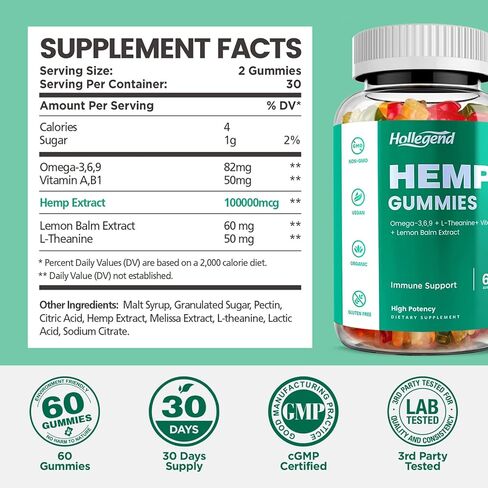 علكات النوم من القنب مع بلسم الليمون، إل-ثيانين، أوميجا 3 وفيتامينات، تعزيز نظام المناعة، نباتي، بكتين، غير معدل وراثيًا، نكهة الفواكه المختلطة، 60 قطعة in Kuwait