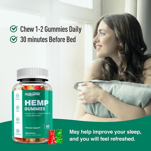 علكات النوم من القنب مع بلسم الليمون، إل-ثيانين، أوميجا 3 وفيتامينات، تعزيز نظام المناعة، نباتي، بكتين، غير معدل وراثيًا، نكهة الفواكه المختلطة، 60 قطعة in Kuwait