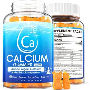 Sugar Free Calcium Gummies 600mg, Ocean Algae Calcium with Vitamin D3, K2, Magnesium, B6, B12, Organic Calcium Supplement for Bone Strength & Teeth Health, Orange Flavor, Vegan, 1 Pack