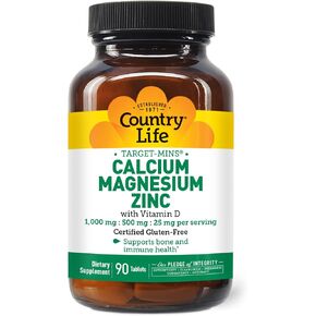 Country Life Target Mins، الكالسيوم والمغنيسيوم والزنك مع فيتامين د، 1000 مجم/500 مجم/25 مجم، 180 قطعة، خالي من الغلوتين المعتمد، نباتي معتمد