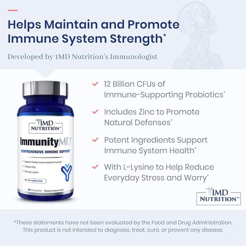 1MD Nutrition ImmunityMD - بروبيوتيك للصحة المناعية | سلالات بروبيوتيك قوية مختارة من قبل الأطباء تحتوي على البريبايوتك - تعزز قوة الجهاز المناعي بشكل عام، وتقلل من التوتر اليومي | 60 كبسولة in Kuwait