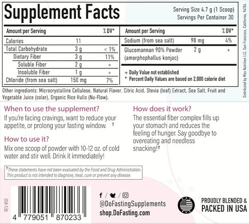 دوفاستينج - مكمل الألياف، مسحوق السليلوز الغذائي ومكمل ألياف الجلوكومانان لجذر الكونجاك للصيام المتقطع، نباتي وخالي من الغلوتين، نكهة الفراولة، 4.97 أونصة، 30 وجبة in Kuwait