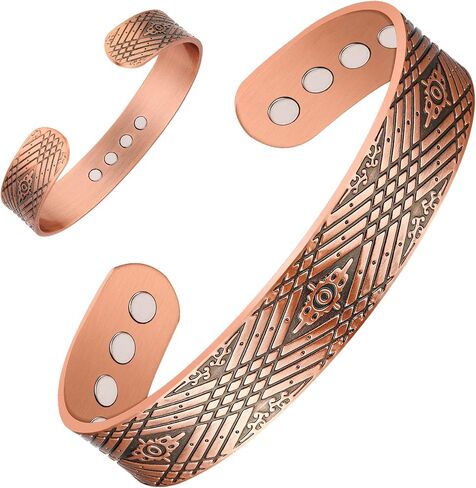 Feraco Copper Bracelets for Men for Arthritis & Joint Pain Relief, 12X Strength Wide Pure Copper Magnetic Bracelet for Men with Neodymium Magnets, Adjustable Cuff Bangle with Giftable Box in Kuwait