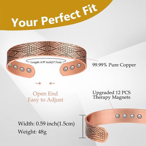 Feraco Copper Bracelets for Men for Arthritis & Joint Pain Relief, 12X Strength Wide Pure Copper Magnetic Bracelet for Men with Neodymium Magnets, Adjustable Cuff Bangle with Giftable Box in Kuwait