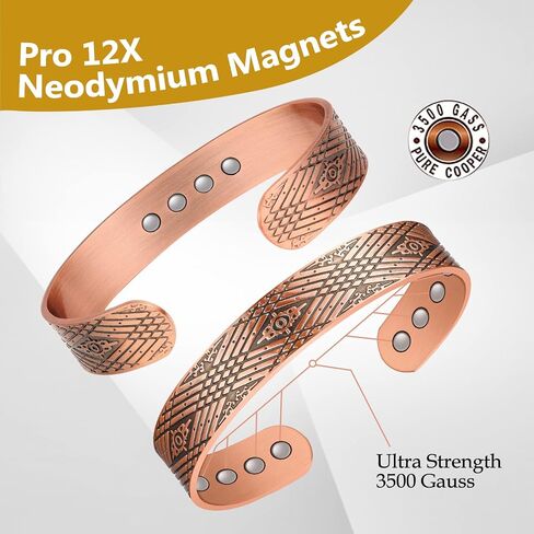 Feraco Copper Bracelets for Men for Arthritis & Joint Pain Relief, 12X Strength Wide Pure Copper Magnetic Bracelet for Men with Neodymium Magnets, Adjustable Cuff Bangle with Giftable Box in Kuwait