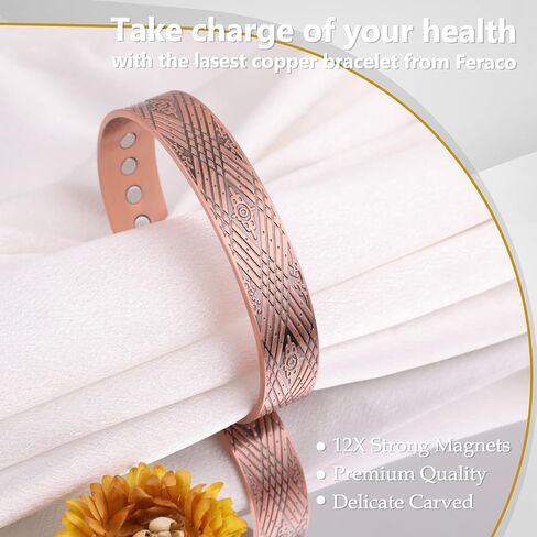 Feraco Copper Bracelets for Men for Arthritis & Joint Pain Relief, 12X Strength Wide Pure Copper Magnetic Bracelet for Men with Neodymium Magnets, Adjustable Cuff Bangle with Giftable Box in Kuwait