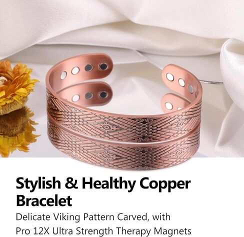 Feraco Copper Bracelets for Men for Arthritis & Joint Pain Relief, 12X Strength Wide Pure Copper Magnetic Bracelet for Men with Neodymium Magnets, Adjustable Cuff Bangle with Giftable Box in Kuwait