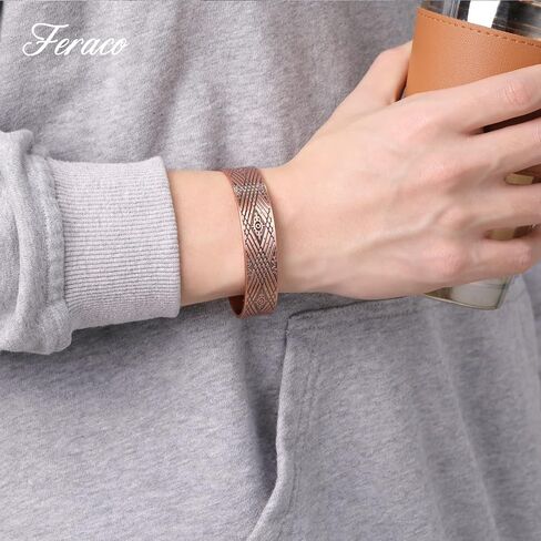 Feraco Copper Bracelets for Men for Arthritis & Joint Pain Relief, 12X Strength Wide Pure Copper Magnetic Bracelet for Men with Neodymium Magnets, Adjustable Cuff Bangle with Giftable Box in Kuwait
