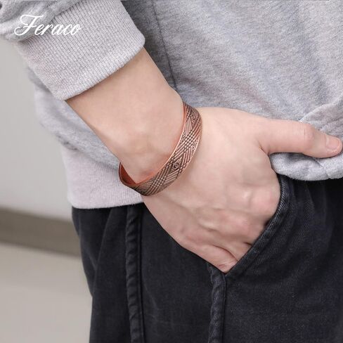 Feraco Copper Bracelets for Men for Arthritis & Joint Pain Relief, 12X Strength Wide Pure Copper Magnetic Bracelet for Men with Neodymium Magnets, Adjustable Cuff Bangle with Giftable Box in Kuwait