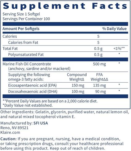 Klaire Labs Omega-3 Mini - Ultra Pure, Easy to Swallow Fish Oil Gels for Kids & Adults 150 Milligrams EPA / 100 Milligrams DHA Omega 3 Fatty Acids, Lemon Flavor for No Fishy Burps (100 Softgels) in Saudi Arabia