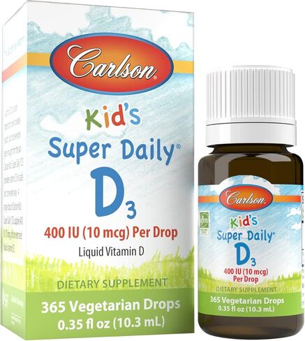 Carlson - Kid's Super Daily D3، قطرات فيتامين د للأطفال، 400 وحدة دولية (10 ميكروغرام) لكل قطرة، صحة القلب والمناعة، نباتي، قطرات فيتامين د السائل، بدون نكهة، 365 قطرة in Saudi Arabia