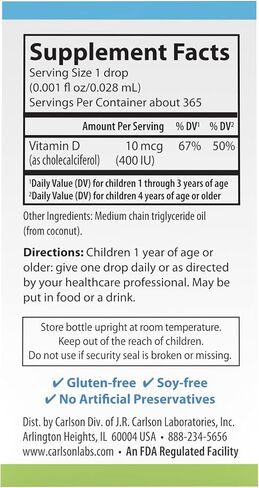 Carlson - Kid's Super Daily D3، قطرات فيتامين د للأطفال، 400 وحدة دولية (10 ميكروغرام) لكل قطرة، صحة القلب والمناعة، نباتي، قطرات فيتامين د السائل، بدون نكهة، 365 قطرة in Saudi Arabia