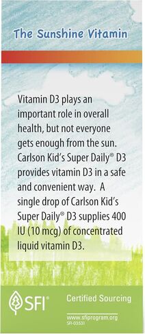 Carlson - Kid's Super Daily D3، قطرات فيتامين د للأطفال، 400 وحدة دولية (10 ميكروغرام) لكل قطرة، صحة القلب والمناعة، نباتي، قطرات فيتامين د السائل، بدون نكهة، 365 قطرة in Saudi Arabia