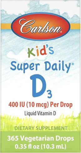 Carlson - Kid's Super Daily D3، قطرات فيتامين د للأطفال، 400 وحدة دولية (10 ميكروغرام) لكل قطرة، صحة القلب والمناعة، نباتي، قطرات فيتامين د السائل، بدون نكهة، 365 قطرة in Saudi Arabia
