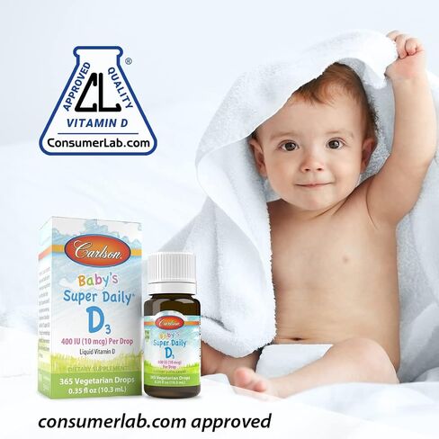 Carlson - Baby's Super Daily D3, Baby Vitamin D Drops, 400 IU (10 mcg) per Drop, 1-Year Supply, Vegetarian, Liquid Vitamin D Drops for Infants and Toddlers, Unflavored, 365 Drops in Saudi Arabia