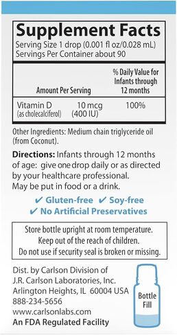 Carlson - Baby's Super Daily D3, Baby Vitamin D Drops, 400 IU (10 mcg) per Drop, 1-Year Supply, Vegetarian, Liquid Vitamin D Drops for Infants and Toddlers, Unflavored, 365 Drops in Saudi Arabia