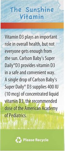 Carlson - Baby's Super Daily D3, Baby Vitamin D Drops, 400 IU (10 mcg) per Drop, 1-Year Supply, Vegetarian, Liquid Vitamin D Drops for Infants and Toddlers, Unflavored, 365 Drops in Saudi Arabia