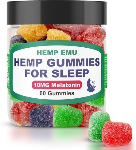 Hemp Emu Hemp Gummies للنوم - النوم بشكل أسرع، والبقاء نائمًا لفترة أطول - 10 ملغ من الميلاتونين + مستخلص القنب الفاخر، 2 علكة لكل وجبة - 60 قطعة علكة بنكهة الفاكهة in Saudi Arabia