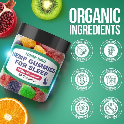 Hemp Emu Hemp Gummies للنوم - النوم بشكل أسرع، والبقاء نائمًا لفترة أطول - 10 ملغ من الميلاتونين + مستخلص القنب الفاخر، 2 علكة لكل وجبة - 60 قطعة علكة بنكهة الفاكهة in Saudi Arabia