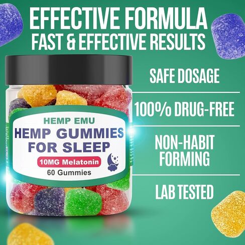 Hemp Emu Hemp Gummies للنوم - النوم بشكل أسرع، والبقاء نائمًا لفترة أطول - 10 ملغ من الميلاتونين + مستخلص القنب الفاخر، 2 علكة لكل وجبة - 60 قطعة علكة بنكهة الفاكهة in Saudi Arabia