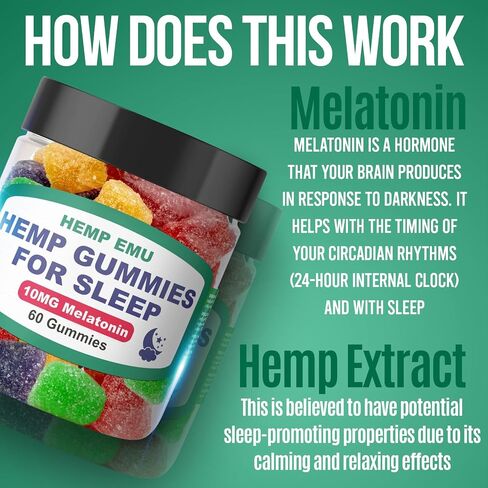 Hemp Emu Hemp Gummies للنوم - النوم بشكل أسرع، والبقاء نائمًا لفترة أطول - 10 ملغ من الميلاتونين + مستخلص القنب الفاخر، 2 علكة لكل وجبة - 60 قطعة علكة بنكهة الفاكهة in Saudi Arabia
