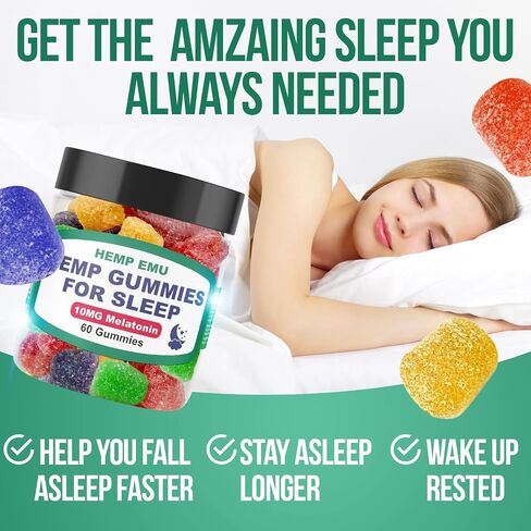 Hemp Emu Hemp Gummies للنوم - النوم بشكل أسرع، والبقاء نائمًا لفترة أطول - 10 ملغ من الميلاتونين + مستخلص القنب الفاخر، 2 علكة لكل وجبة - 60 قطعة علكة بنكهة الفاكهة in Saudi Arabia