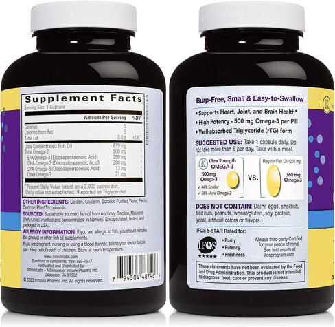 مكملات زيت السمك أوميغا 3 فائقة القوة من إنوفيكس لابز - زيت سمك خالي من التجشؤ مطلي معويًا - مكملات الأحماض الدهنية أوميغا 3 المعتمدة من IFOS - 200 حبة مكملات أوميغا 3 in Kuwait