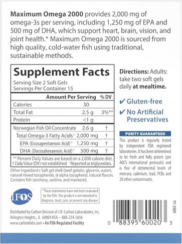 كارلسون - عبوات اوميجا 2000 جراب + جو ماكسيموم 2000 ملغ، اوميجا 3 اس، مكمل زيت السمك النرويجي البري من مصادر مستدامة، ليمون، 30 كبسولة هلامية in Kuwait