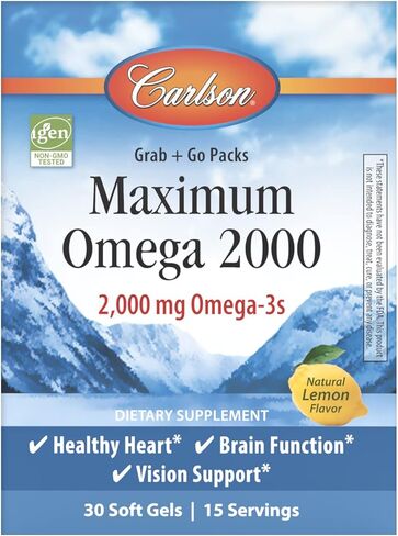 كارلسون - عبوات اوميجا 2000 جراب + جو ماكسيموم 2000 ملغ، اوميجا 3 اس، مكمل زيت السمك النرويجي البري من مصادر مستدامة، ليمون، 30 كبسولة هلامية in Kuwait