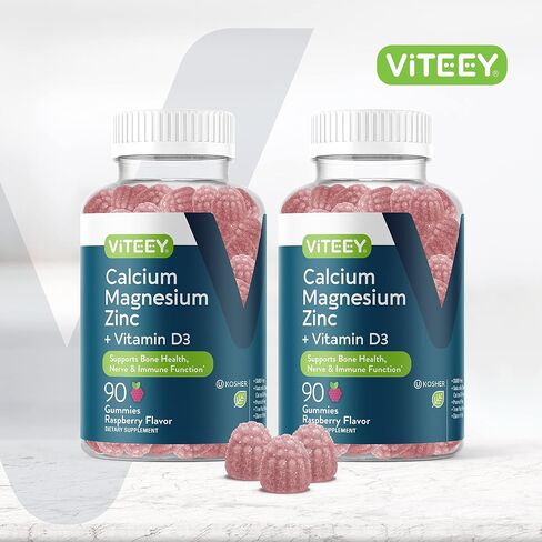 Calcium Magnesium Zinc Gummies with Vitamin D3 - Supports Bone Health, Nerve & Immune Function - Calcium Magnesium Zinc D3 Supplement for Adults & Teens - GMO Free - Chewable Raspberry Flavored Gummy in Kuwait