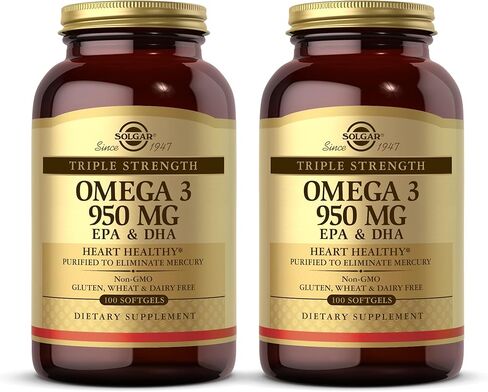 SOLGAR Triple Strength Omega 3 950 mg - 100 Softgels, Pack of 2 - Supports Cardiovascular, Joint & Skin Health - Non-GMO, Gluten Free, Dairy Free - 200 Total Servings in Saudi Arabia