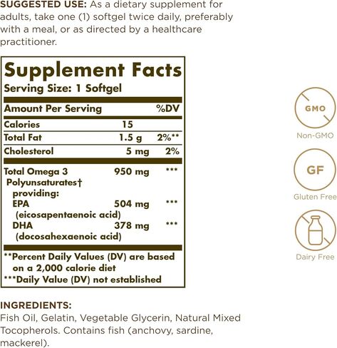 SOLGAR Triple Strength Omega 3 950 mg - 100 Softgels, Pack of 2 - Supports Cardiovascular, Joint & Skin Health - Non-GMO, Gluten Free, Dairy Free - 200 Total Servings in Saudi Arabia