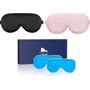 ALASKA BEAR Cooling Gel Eye Mask Weighted Silk Sleep Mask & Cotton Eyeshades Cold & Hot Compress for Pain Relief, 180g Heavy, 2 Set(Black & Pink)
