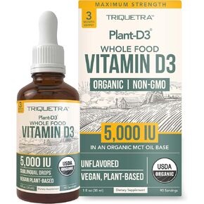 Plant-D3 Organic Vitamin D3 5000 IU - Vegan, Max Strength Sublingual Liquid D3 Drops - 200% Higher Absorption - 100% Plant-Based Cholecalciferol Form - Adjustable Dosing for All Ages (1oz Liquid) in Saudi Arabia
