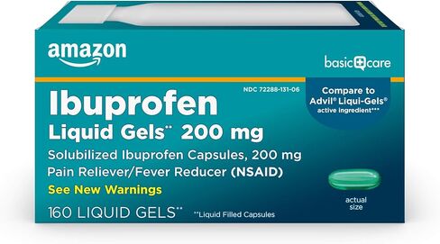 Amazon Basic Care Ibuprofen Liquid Gels 200 mg, Pain Reliever/Fever Reducer Liquid Filled Capsules, For Headache, Toothache, Backache, Menstrual Cramps and More, 160 Count in Saudi Arabia