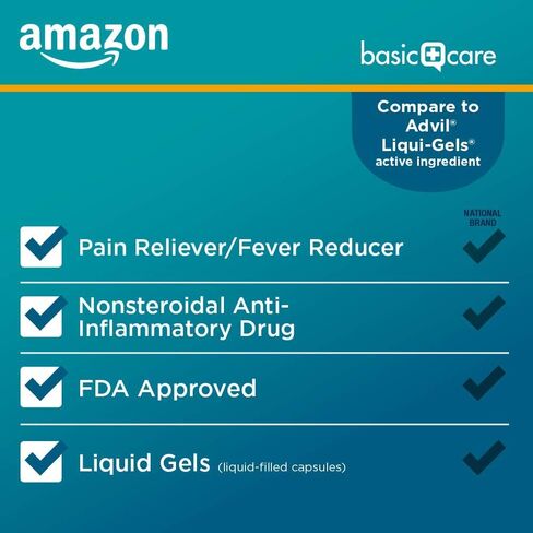 Amazon Basic Care Ibuprofen Liquid Gels 200 mg, Pain Reliever/Fever Reducer Liquid Filled Capsules, For Headache, Toothache, Backache, Menstrual Cramps and More, 160 Count in Saudi Arabia