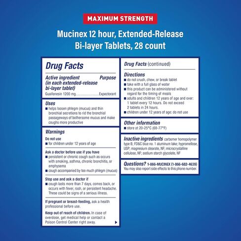 Mucinex 12 Hour Maximum Strength 1200 mg Guaifenesin Extended-Release Tablets for Excess Mucus Relief, Expectorant Aids Excess Mucus Removal, Chest Congestion Relief, 28 Tablets in Kuwait