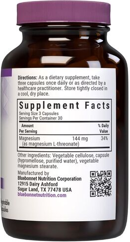 Bluebonnet Nutrition Magnesium L-Threonate, for Cognitive Function and Mood, Soy-Free, Gluten-Free, Non-GMO, Dairy-Free, Kosher, Vegan, 90 Vegetable Capsules, 30 Servings in Saudi Arabia
