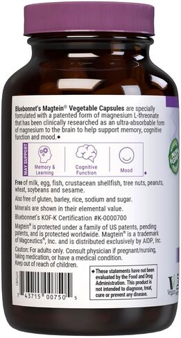 Bluebonnet Nutrition Magnesium L-Threonate, for Cognitive Function and Mood, Soy-Free, Gluten-Free, Non-GMO, Dairy-Free, Kosher, Vegan, 90 Vegetable Capsules, 30 Servings in Saudi Arabia