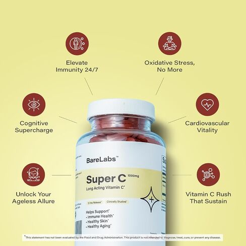 BareLabs 12-Hours Extended Release Vitamin C 1000 mg Supplement | Long-Acting | Supports Immune Health, Healthy Skin, Healthy Aging & gastric Distension | 120 Tablets Super C in Saudi Arabia