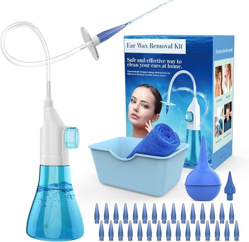 Ear Wax Removal, Manual Ear Irrigation Flushing System, Ear Wax Removal Tool, Ear Cleaning Kit for Adults & Kids, Ear Wax Removal Kit Includes Basin, Ear Cleaner, Towel, 31 Disposable Tips in Kuwait