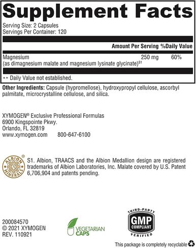 XYMOGEN OptiMag 125 - مكمل خلات المغنيسيوم مع مالات ثنائي المغنيسيوم + ليسينات جليسينات المغنيسيوم لدعم صحة الأعصاب والعضلات والعظام + صحة القلب (120 حبة مغنيسيوم) in Kuwait