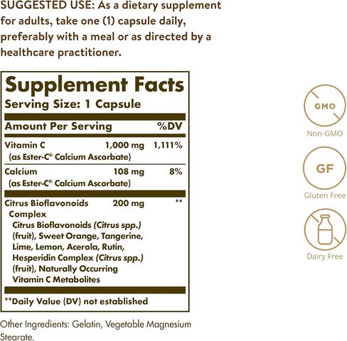 Solgar Ester-C Plus 1000 mg فيتامين C مع الحمضيات الحيوية - 100 كبسولة - لطيف وغير حمضي - دعم المناعة لمدة 24 ساعة، يدعم صحة الجهاز التنفسي العلوي - غير معدل وراثيًا، خالي من الغلوتين - 100 حصة in Saudi Arabia